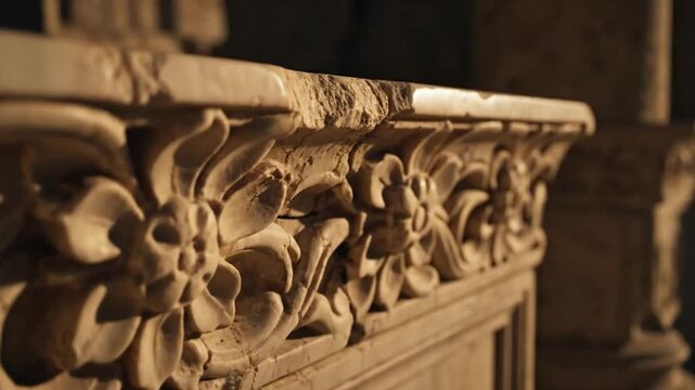 Close-up of an ancient, weathered stone cornice with intricate floral carvings from a classical building.