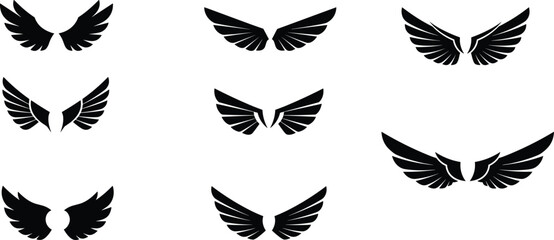 Black wing vector set, symmetrical wing icons, feather silhouette graphics, digital wing design, stylized wing shapes, editable wing illustrations © Aiub