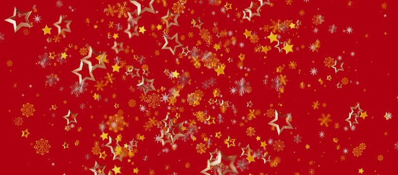 Elegant red backdrop with sparkling gold stars and snowflakes. Perfect for Christmas, New Year, holiday greetings, celebrations, joy, and festiv