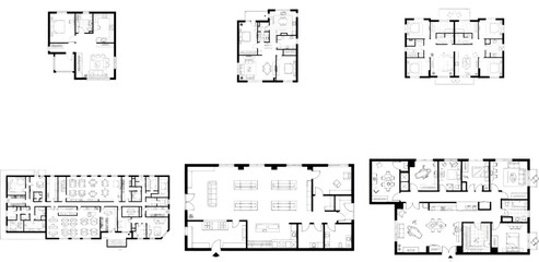 Set of varied floor plans including small and large units