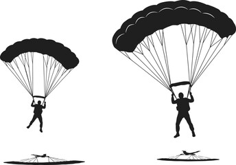 Parachutist silhouette, skydiving action, airborne descent, parachute control lines, shadow on ground, military training, aerial sport, adventure, extreme jump, flight