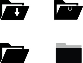 Four black folder icons with different designs, including a download arrow and a clip, isolated on white background