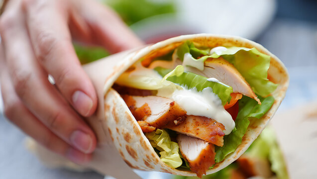 A person holding a delicious chicken wrap with lettuce, tomato, and a creamy sauce.