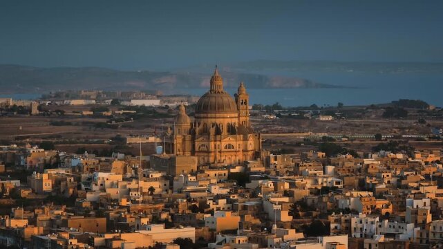 Malta, Comino island: The Church of Saint John the Baptist, known as Xewkija Rotunda majestically rising in the heart of Gharb. Gozo. Village city basks in warm glow of sunset. Drone flight footage