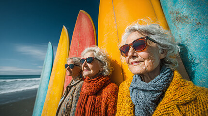 three senior women holding surfboards on the beach, a bright sunny day, blue sky, white sand. - holiday concept.
