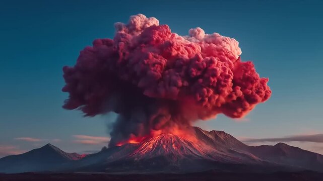 Dramatic volcano eruption with pink cloud against a blue sky background