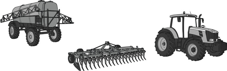 Agricultural machinery, modern tractor, farm equipment, soil cultivator, crop sprayer, farming technology, rural industry, agriculture tools, field work, harvest preparation, cultivation, pesticide