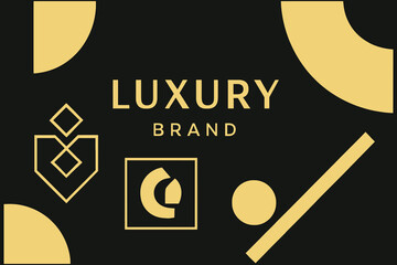 Elegant gold geometric shapes and luxury brand text on dark background abstract design