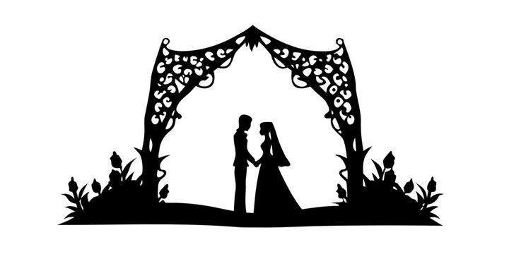Elegant wedding silhouette of a bride and groom under a decorative archway, perfect for invitations, cards, and romantic designs, originally a vector graphic