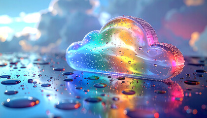 Naklejka premium Colorful Cloudscape: A captivating composition featuring a rainbow-colored cloud, glistening with dewdrops, set against a backdrop of a cloudy sky, evoking a sense of wonder and serenity.