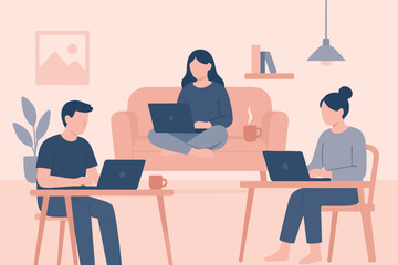 Diverse group of people working remotely on laptops in a cozy home office setting