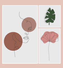 Abstract Continuous Line Art Set with Botanical and Portrait Elements