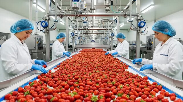 Workers sorting strawberries on a conveyor belt in a food processing factory
