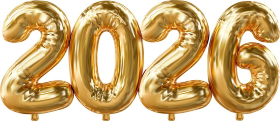 Golden foil balloons shaped as numbers 2026 isolated on white background, decoration for New Year, anniversary and festive design. Vector illustration