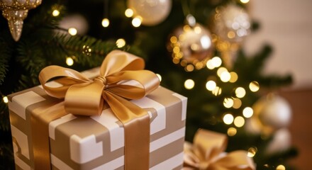 Close-up of a festive Christmas gift box wrapped with a gold ribbon and bow, placed near a decorated Christmas tree with bokeh lights. Concept of holiday gifts, celebration, and luxury.