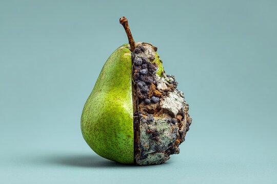 Half fresh half rotten pear fruit showing contrast of decay and freshness on pastel green background