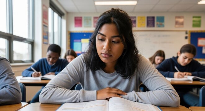 Portrait of focused Indian female student reading textbook in classroom. Young girl preparing for exam at desk with classmates. Education, learning and academic knowledge business concept - Powered by Adobe
