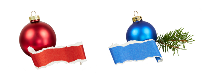 set of christmas ball decoration with ripped glitter paper gift name tag in red and blue isolated on white or transparent png