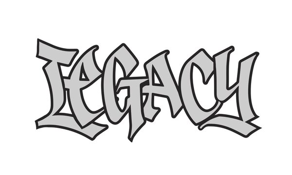 Legacy word in graffiti wildstyle lettering. Black and white street art typography.