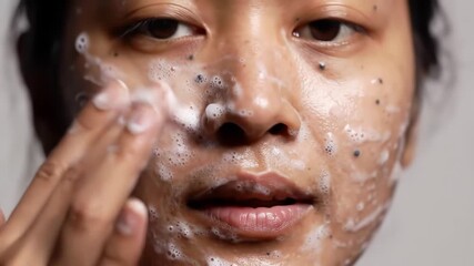 Closeup of a young woman applying a facial scrub or cleanser to her face showing a skincare routine for healthy and glowing skin with a focus on beauty and selfcare.