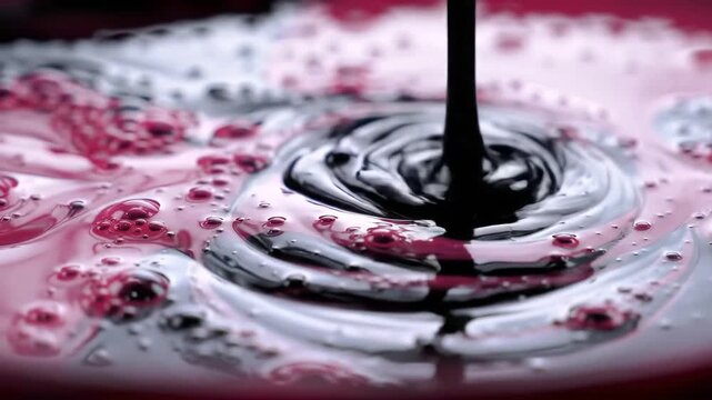 Closeup of thick dark viscous liquid being poured into a swirling pool of lighter reddishpurple liquid creating ripples and mixing textures suggesting a process of blending or creation in a culinary .