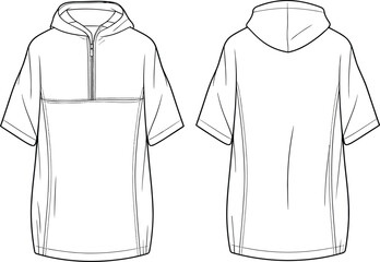 Short sleeve hooded pullover, technical flat sketch, half-zip front, relaxed fit, panel seams, fashion design, garment illustration, apparel template