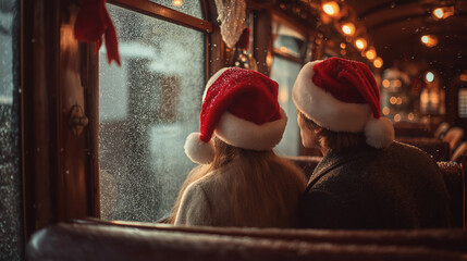 Romantic couple on vintage Christmas train, wearing Santa hats, looking out snowy window together, festive decorations inside carriage, warm cabin lighting, nostalgic atmosphere, cinematic travel