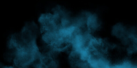 Blue powder dust smoke on black background. abstract background. Space of night sky with cloud and stars. Nebula and galaxies in space. Abstract cosmos background.