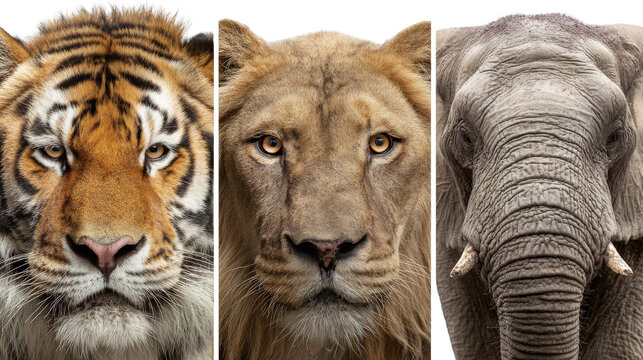 Wild Animal Portraits: Close-up wild animal portraits of tigers, lions, and elephants with intense expressions, isolated on a Transparent background, PNG file. - Powered by Adobe