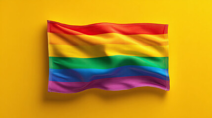 A rainbow flag waving against a vibrant yellow backdrop
