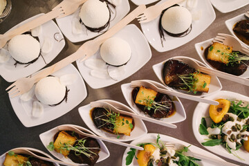 An array of gourmet dishes elegantly presented on white plates — creamy mousse desserts with chocolate base, savory meat with crispy topping, fresh salad with pumpkin seeds. Wooden forks add a modern 