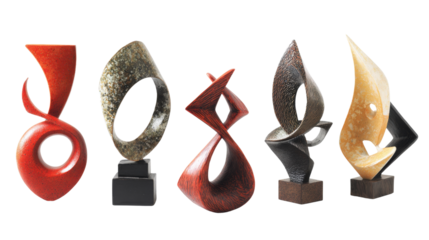 Abstract Sculpture Art: Bold abstract sculptures with dynamic shapes, geometric forms, and creative designs, isolated on a Transparent background, PNG file.