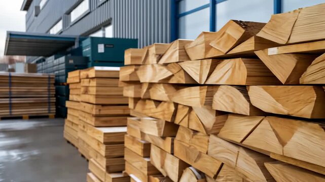 Rows of wooden planks are neatly stacked in a storage area, showcasing their texture and quality during daylight