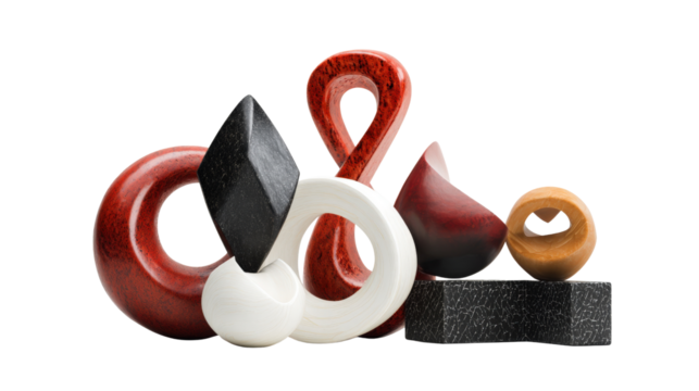 Abstract Sculpture Art: Bold abstract sculptures with dynamic shapes, geometric forms, and creative designs, isolated on a Transparent background, PNG file.