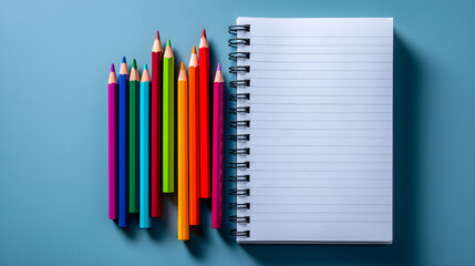 Colorful pencils arranged beside a blank notebook on a blue background for creative inspiration