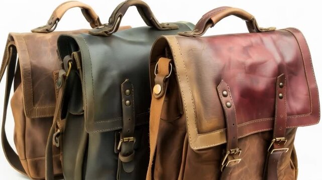 Three stylish leather briefcases with straps and fastenings demonstrate elegance and practicality for everyday use, ideal for advertising accessories or creating the main background in fashion catalog