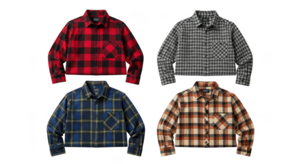 Four plaid flannel shirts in various colors arranged on a transparent background