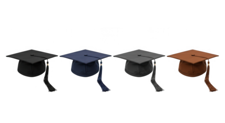 Four graduation caps in different colors isolated on transparent background