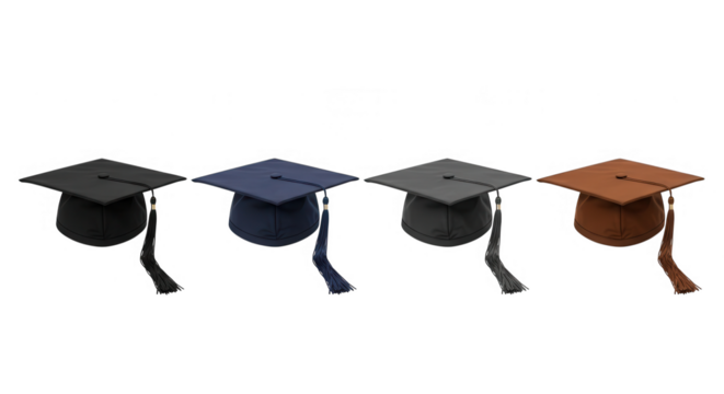 Four graduation caps in different colors isolated on transparent background