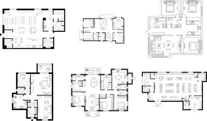Collection of six different floor plans for houses and apartments