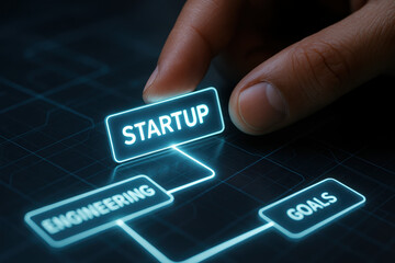 Startup engineering goals planning interface bright neon nodes with a path connecting to success