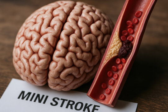 Brain and artery closeup showing medical condition theme related to mini stroke risk and blood disruption