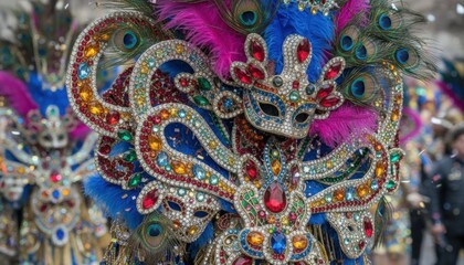 Fototapeta premium Colorful carnival mask with feathers and gems symbolizing celebration, creativity, and cultural diversity inspired by global festivals like Rio, Venice, and New Orleans