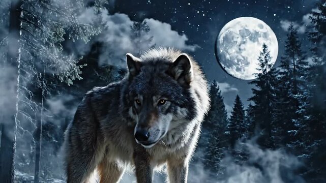 A majestic wolf howling under a full moon in a dark forest