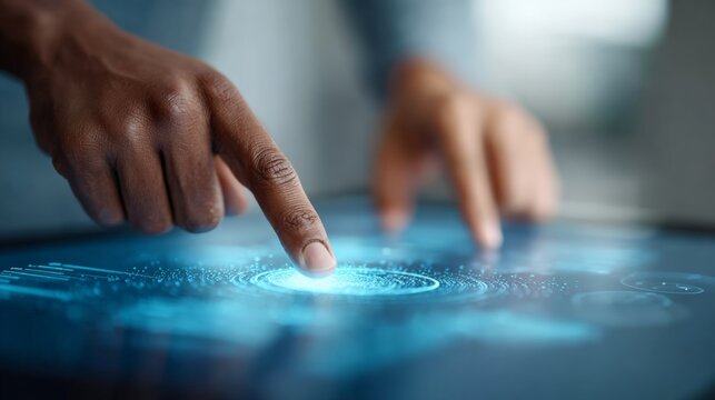 Businessman interacting with a touchscreen display, exploring digital data enhanced by artificial intelligence in a sleek, modern office environment, showcasing innovation and advanced technology
