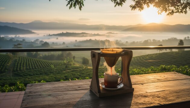 Morning coffee brewing on terrace with chorreador overlooking misty valley, symbolizing peace, inspiration and slow living at sunrise in Costa Rica