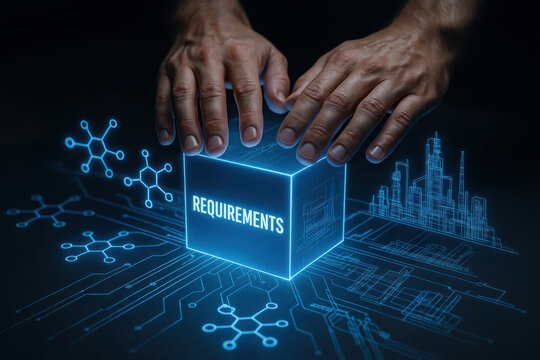 Innovative hands hover over a glowing cube labeled requirements surrounded by futuristic blue circuitry and a city skyline conveying planning design and technical strategy in a high tech environment