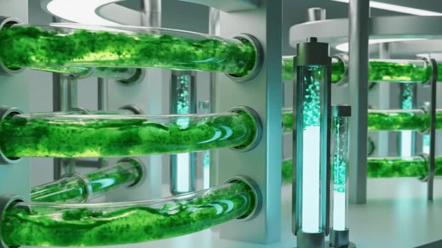 3D Microalgae Flow Animation &mdash; Sealed Tubular Reactors, Glowing Growth Indicators, Loopable High-Tech Green Energy