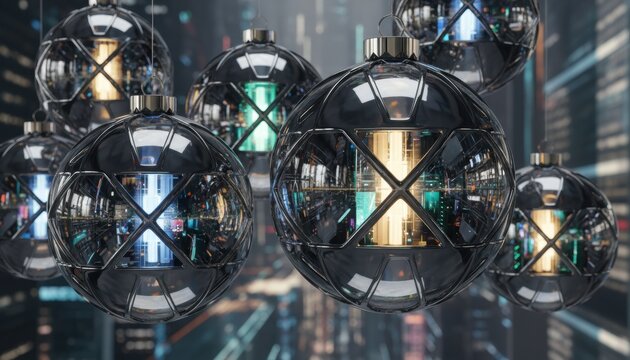 Futuristic glass ornaments reflecting neon city lights, representing innovation, holiday celebration in the digital age, and the fusion of technology with festive design - Powered by Adobe