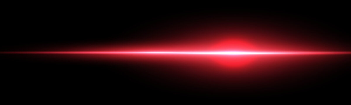 Red horizontal laser beam. Light lensflare. Red glow flare light effect. Vector illustration. Isolated on dark background.